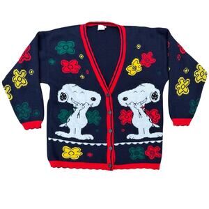 Vintage Peanuts Snoopy Cardigan Sweater Knit Floral Navy Blue Red Size Large